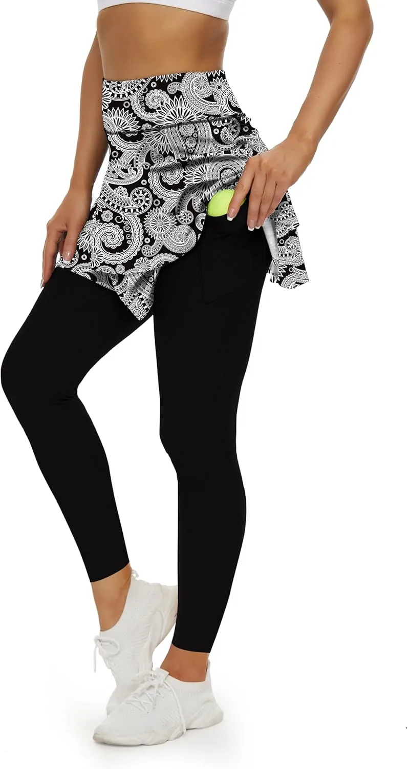 WOWENY Tennis Skirted Leggings with Pockets for Women Active Skort Athletic Ruffle Pleated Golf Skapri with Skirt