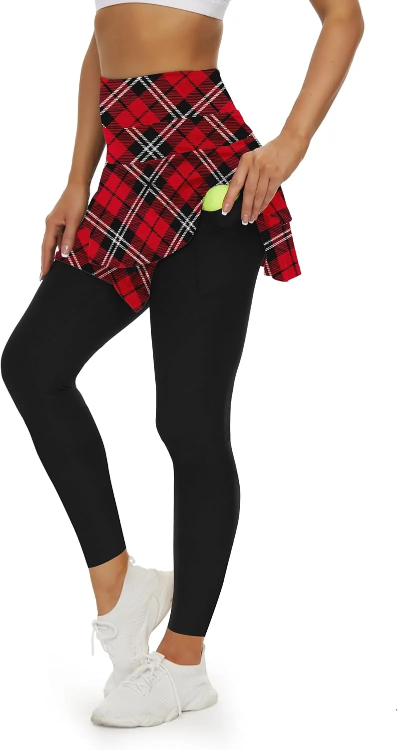 WOWENY Tennis Skirted Leggings with Pockets for Women Active Skort Athletic Ruffle Pleated Golf Skapri with Skirt