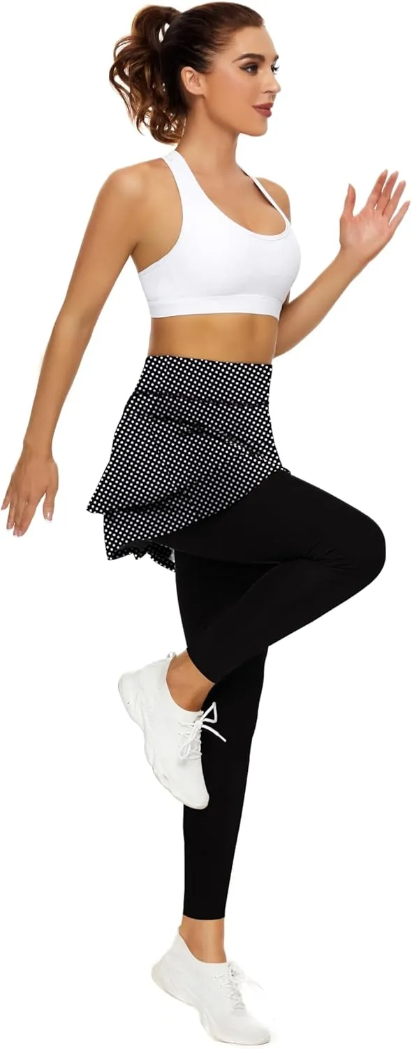 WOWENY Tennis Skirted Leggings with Pockets for Women Active Skort Athletic Ruffle Pleated Golf Skapri with Skirt