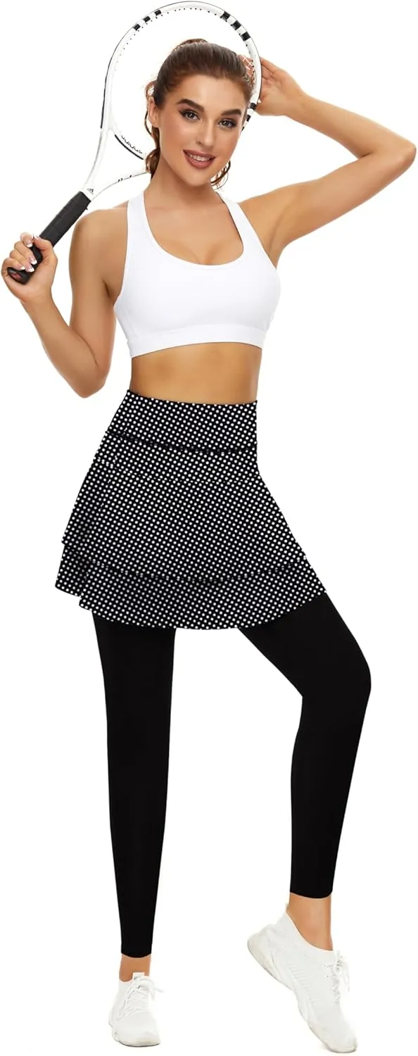 WOWENY Tennis Skirted Leggings with Pockets for Women Active Skort Athletic Ruffle Pleated Golf Skapri with Skirt