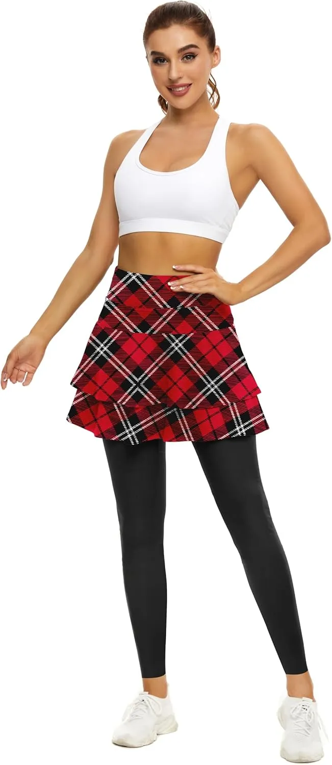 WOWENY Tennis Skirted Leggings with Pockets for Women Active Skort Athletic Ruffle Pleated Golf Skapri with Skirt