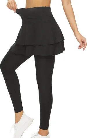 WOWENY Tennis Skirted Leggings with Pockets for Women Active Skort Athletic Ruffle Pleated Golf Skapri with Skirt