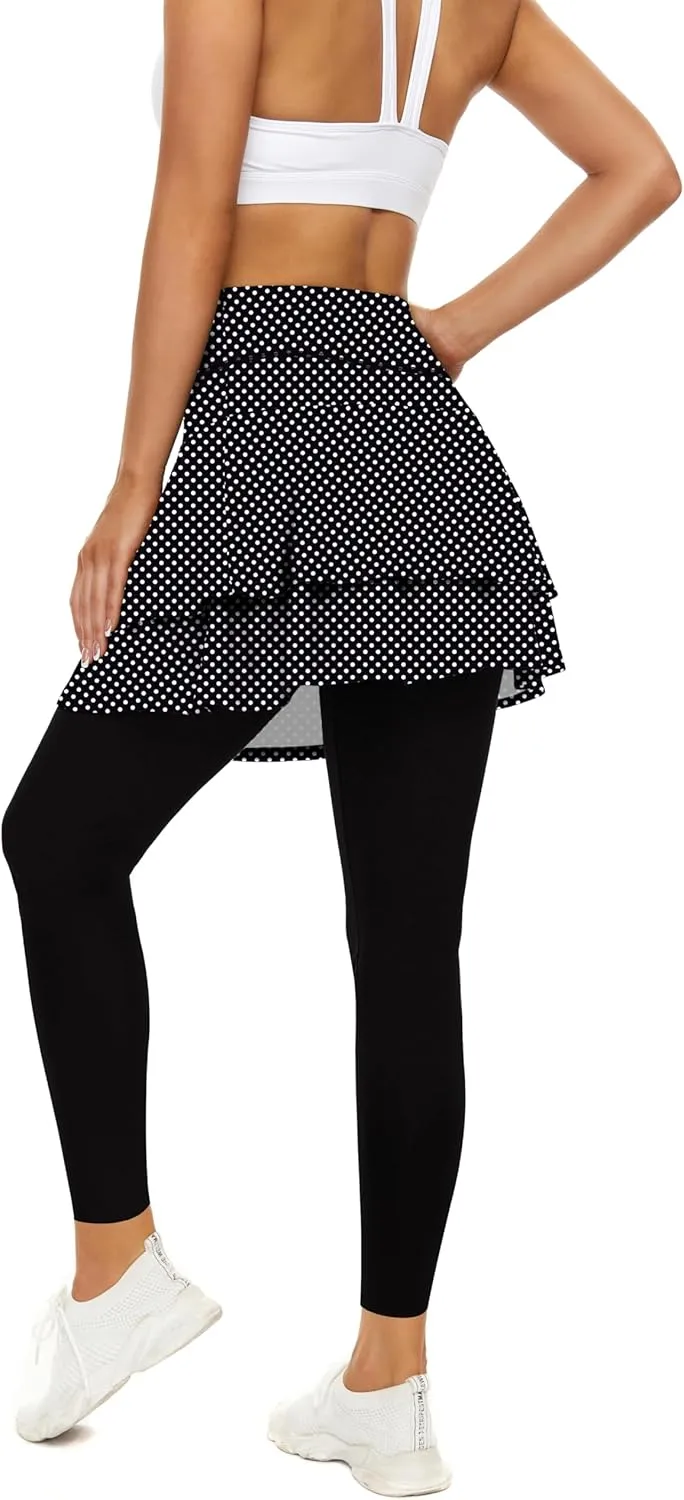 WOWENY Tennis Skirted Leggings with Pockets for Women Active Skort Athletic Ruffle Pleated Golf Skapri with Skirt