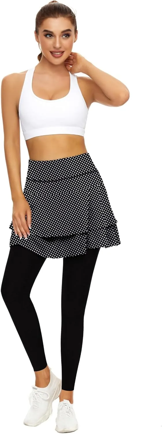 WOWENY Tennis Skirted Leggings with Pockets for Women Active Skort Athletic Ruffle Pleated Golf Skapri with Skirt