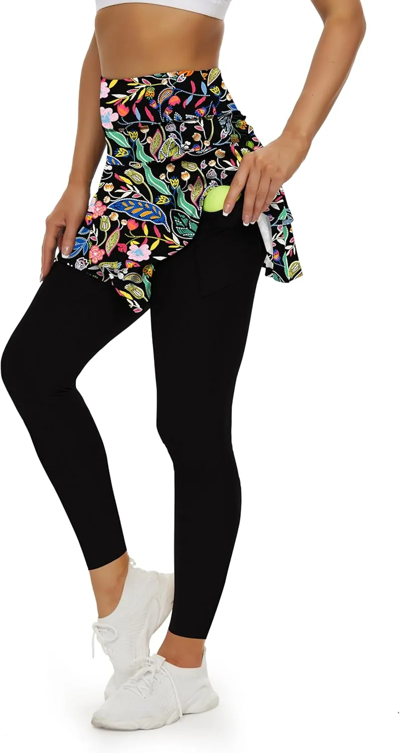 WOWENY Tennis Skirted Leggings with Pockets for Women Active Skort Athletic Ruffle Pleated Golf Skapri with Skirt