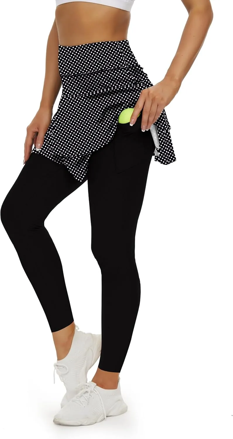 WOWENY Tennis Skirted Leggings with Pockets for Women Active Skort Athletic Ruffle Pleated Golf Skapri with Skirt
