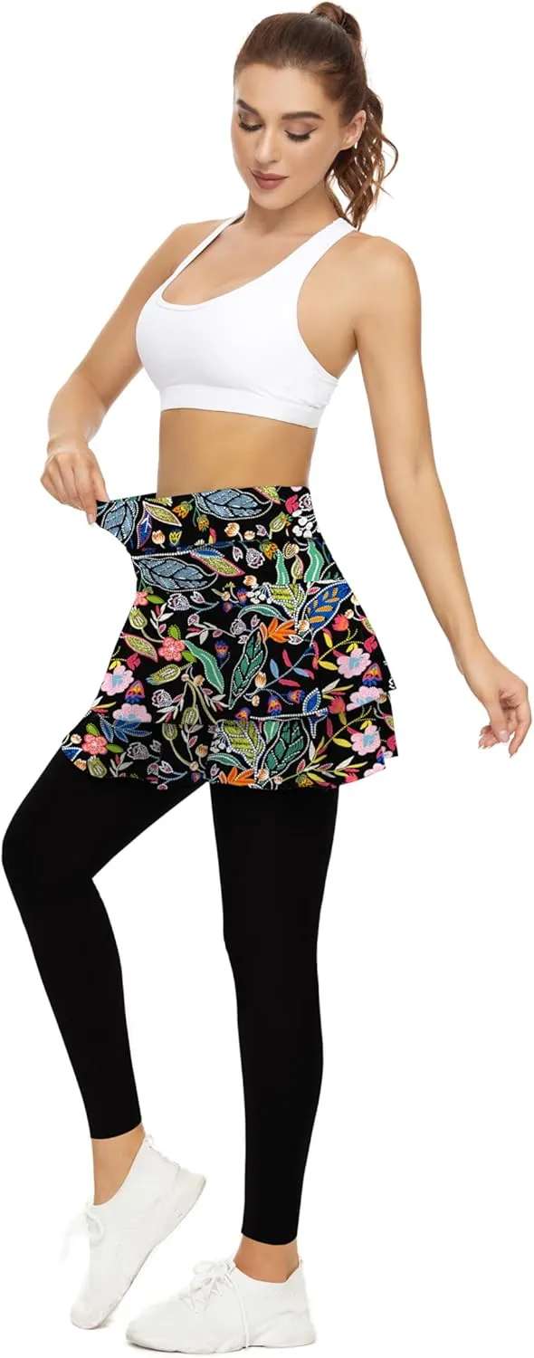 WOWENY Tennis Skirted Leggings with Pockets for Women Active Skort Athletic Ruffle Pleated Golf Skapri with Skirt