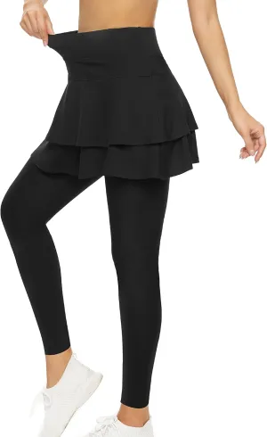 WOWENY Tennis Skirted Leggings with Pockets for Women Active Skort Athletic Ruffle Pleated Golf Skapri with Skirt