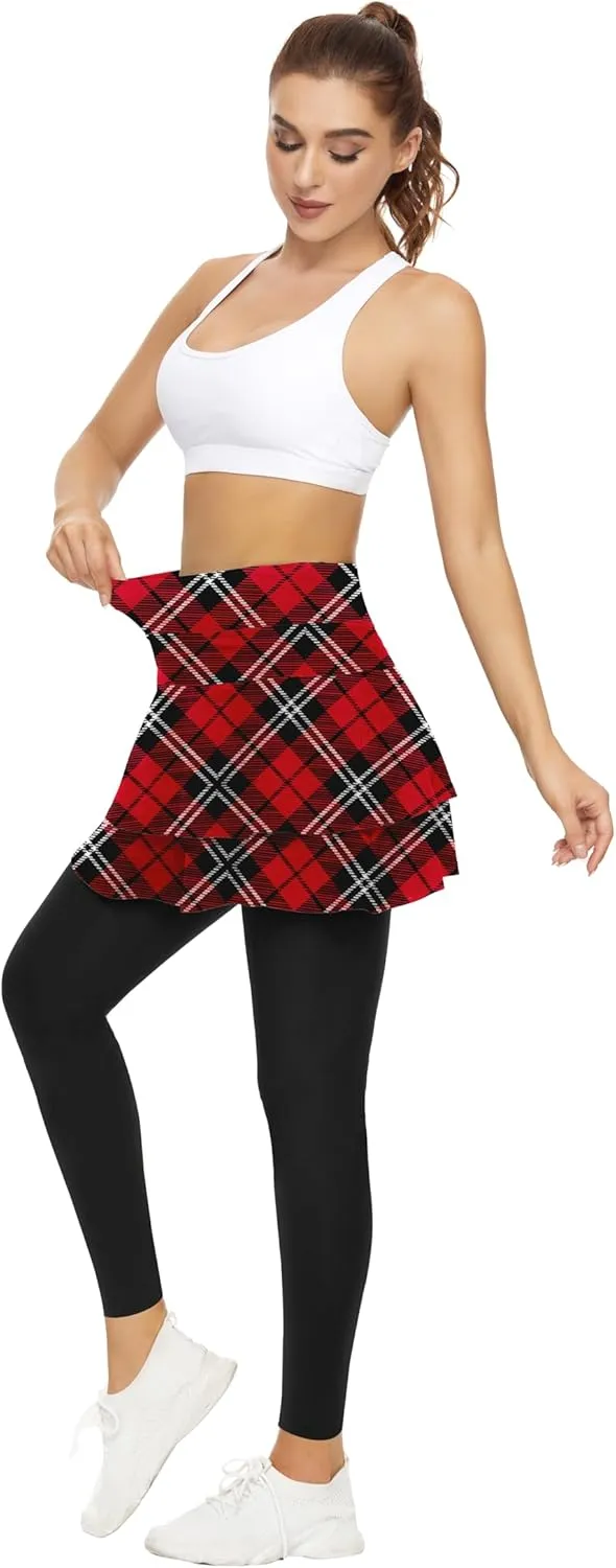 WOWENY Tennis Skirted Leggings with Pockets for Women Active Skort Athletic Ruffle Pleated Golf Skapri with Skirt