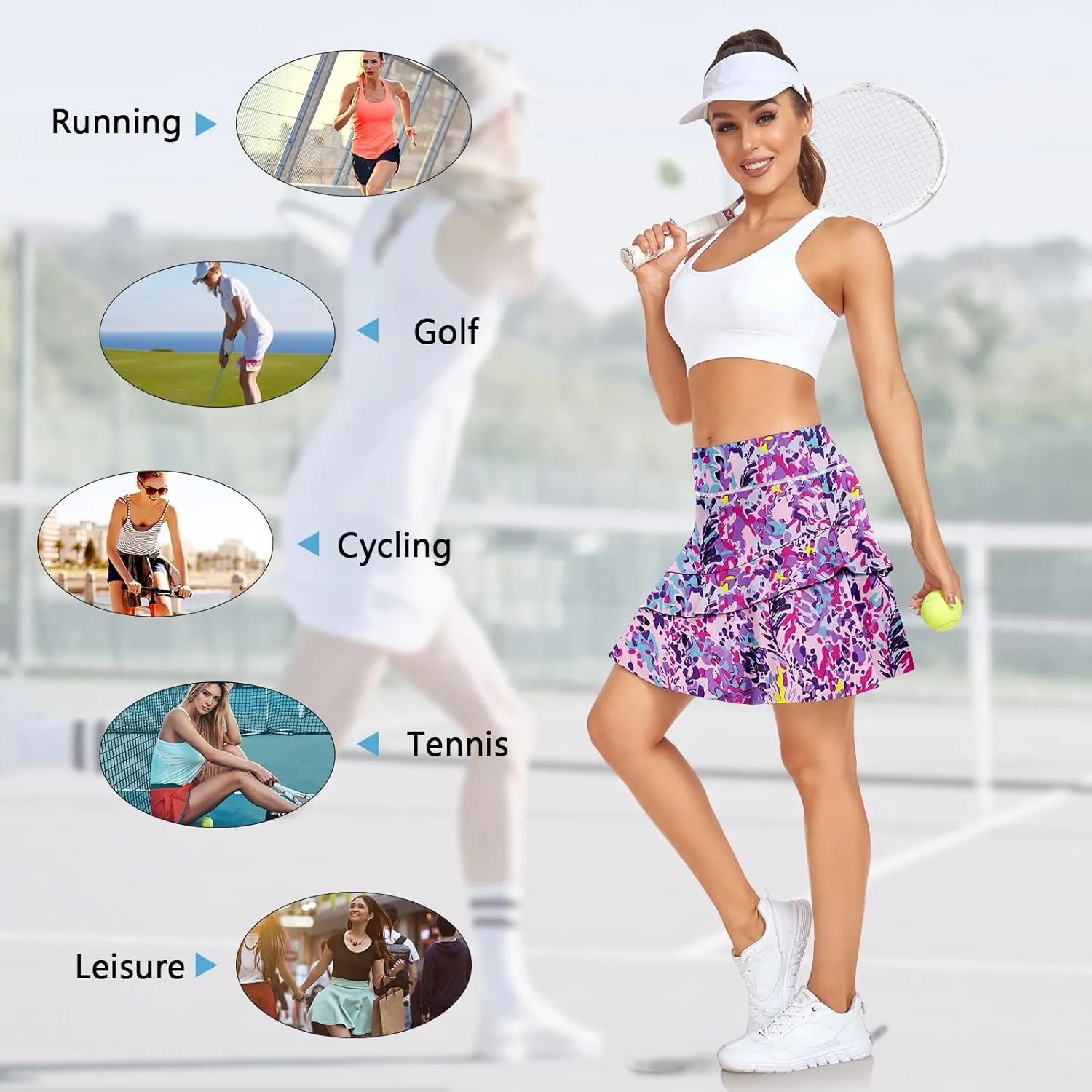 WOWENY Women's Active Skort Athletic Ruffle 17" Pleated Tennis Skirt with Pocket for Ladies Running Golf Workout