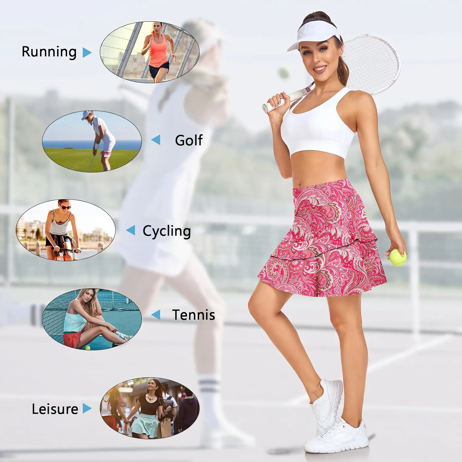 WOWENY Women's Active Skort Athletic Ruffle 17" Pleated Tennis Skirt with Pocket for Ladies Running Golf Workout