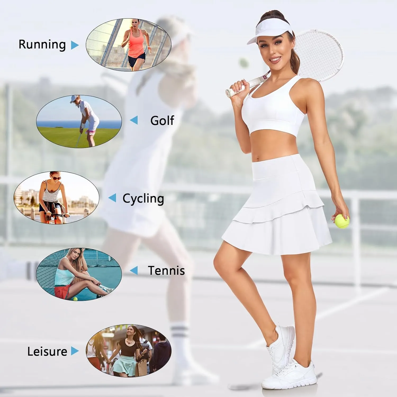 WOWENY Women's Active Skort Athletic Ruffle 17" Pleated Tennis Skirt with Pocket for Ladies Running Golf Workout