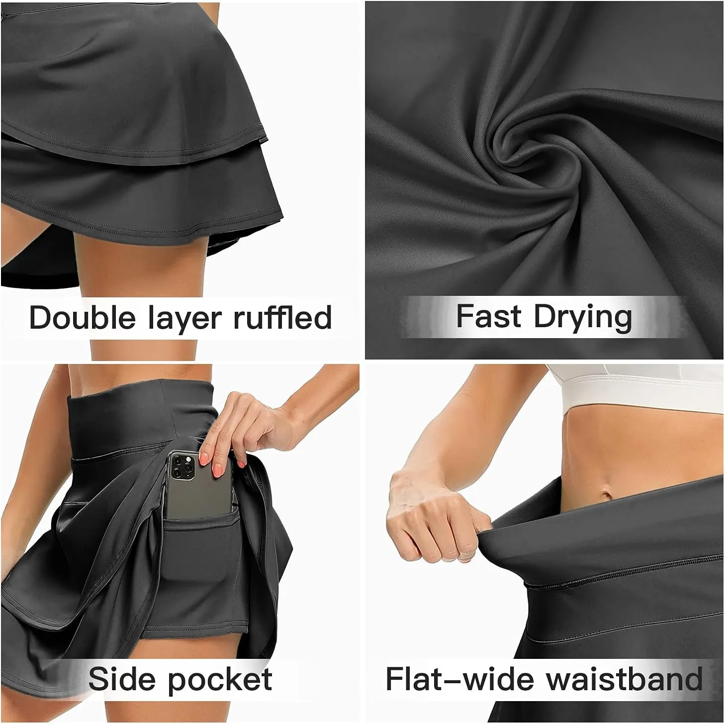 WOWENY Women's Athletic Pleated Tennis Skirt Ladies Active Layered Skort with Pocket Running Golf Skirt with Ruffle