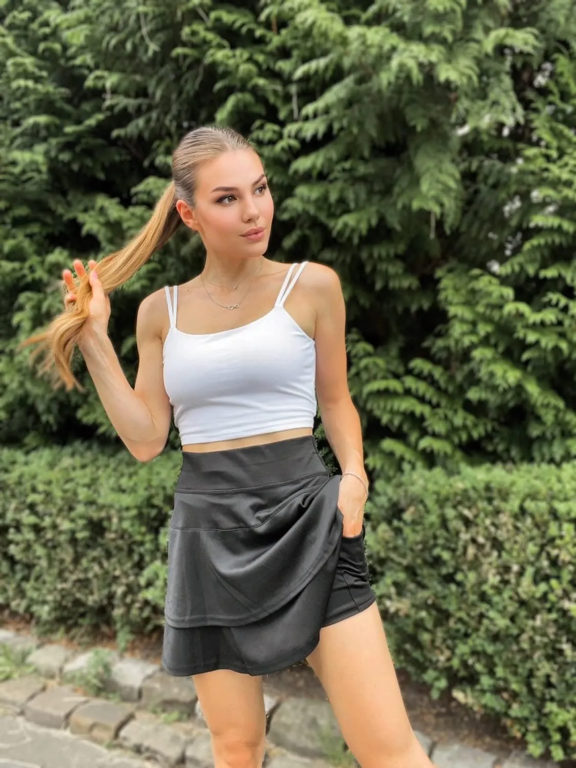 WOWENY Women's Athletic Pleated Tennis Skirt Ladies Active Layered Skort with Pocket Running Golf Skirt with Ruffle