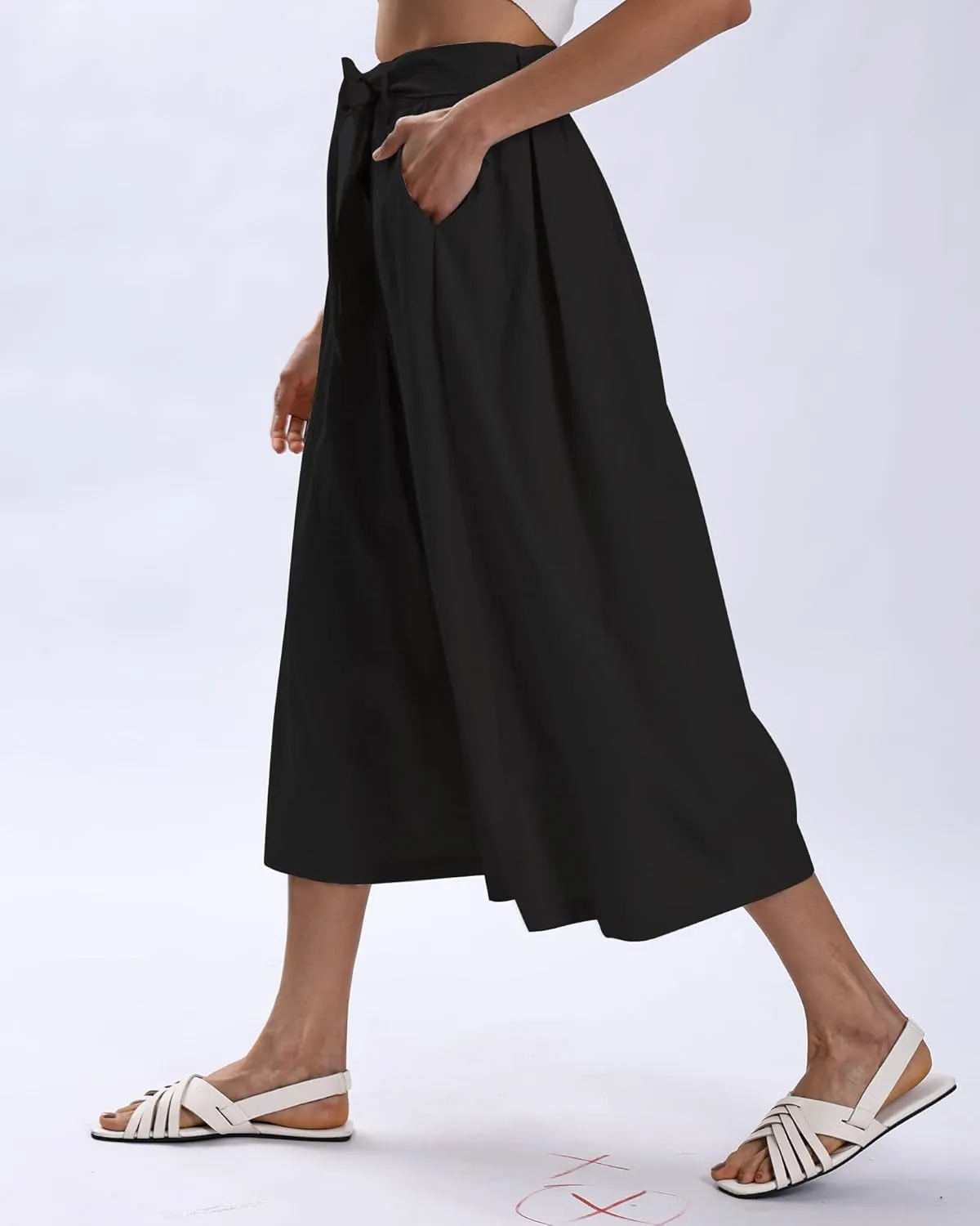 Xintianji Women's Ruffled Texture 9/10 Length Wide Leg Dress Decor Strap Skort Casual Pants with Side Zipper Side Pockets