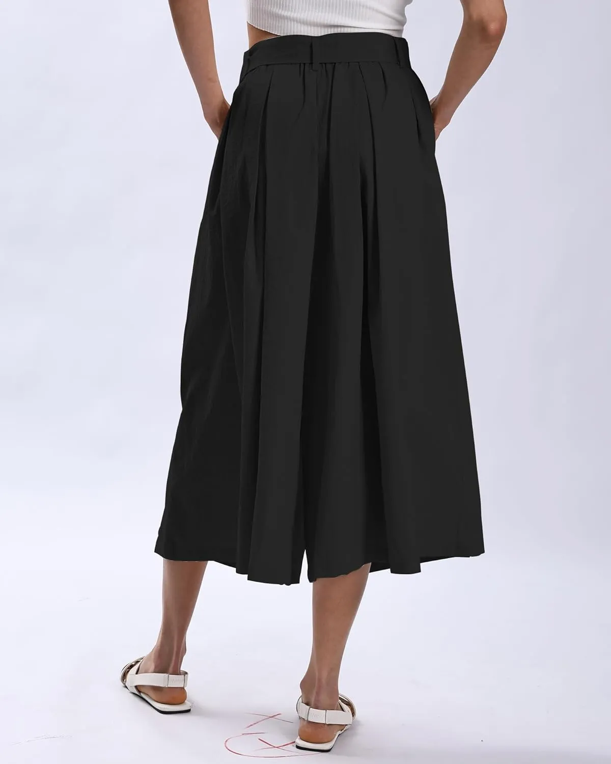 Xintianji Women's Ruffled Texture 9/10 Length Wide Leg Dress Decor Strap Skort Casual Pants with Side Zipper Side Pockets