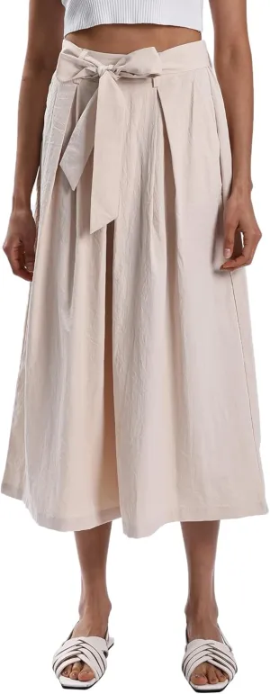Xintianji Women's Ruffled Texture 9/10 Length Wide Leg Dress Decor Strap Skort Casual Pants with Side Zipper Side Pockets