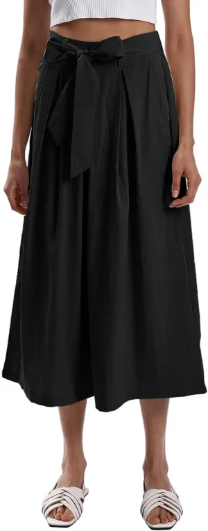 Xintianji Women's Ruffled Texture 9/10 Length Wide Leg Dress Decor Strap Skort Casual Pants with Side Zipper Side Pockets