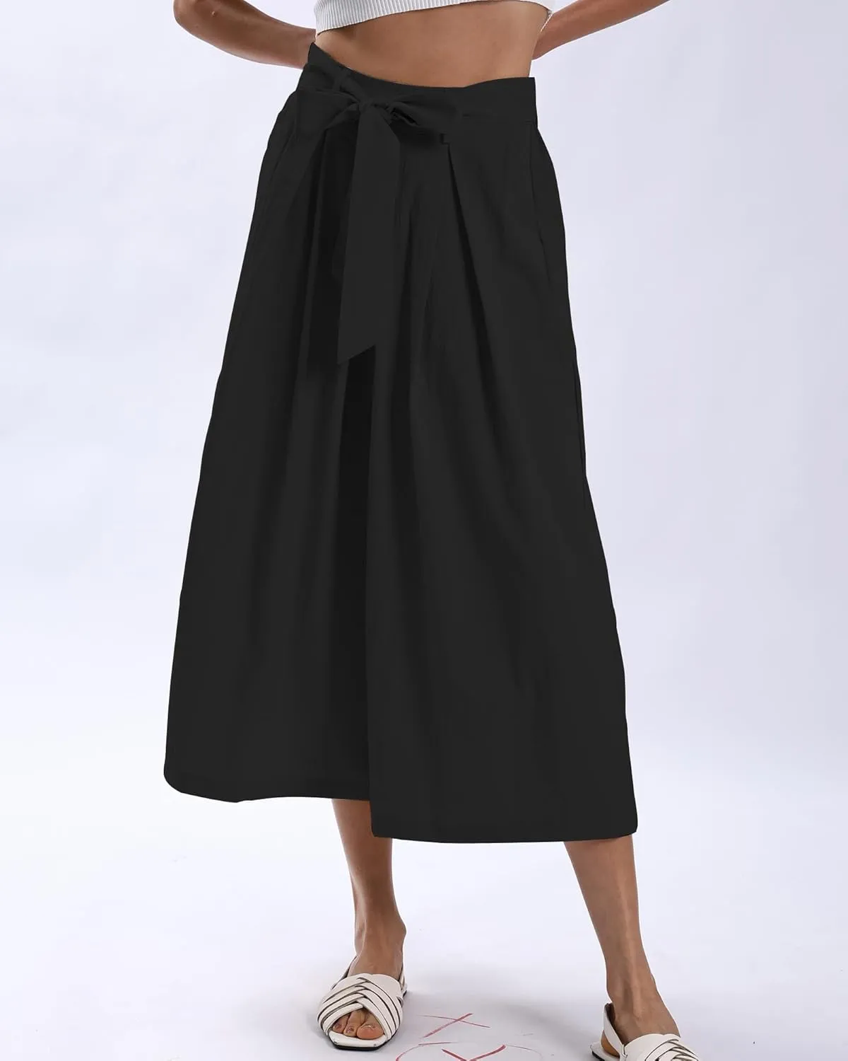 Xintianji Women's Ruffled Texture 9/10 Length Wide Leg Dress Decor Strap Skort Casual Pants with Side Zipper Side Pockets