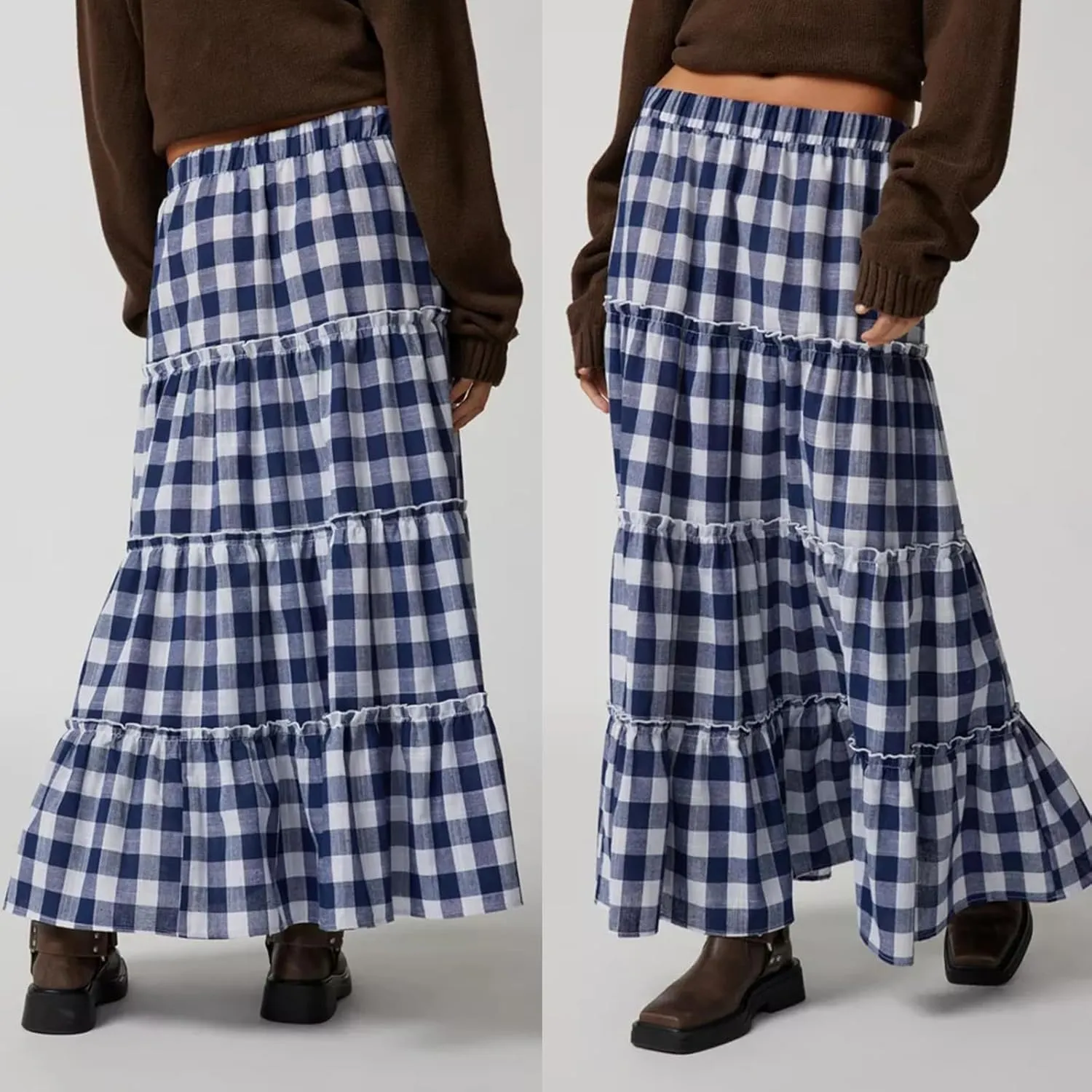 Y2k Plaid Tiered Maxi Skirt for Women Vintage Gingham A Line Long Skirt Summer Ruffle Flowy Swing Midi Skirt