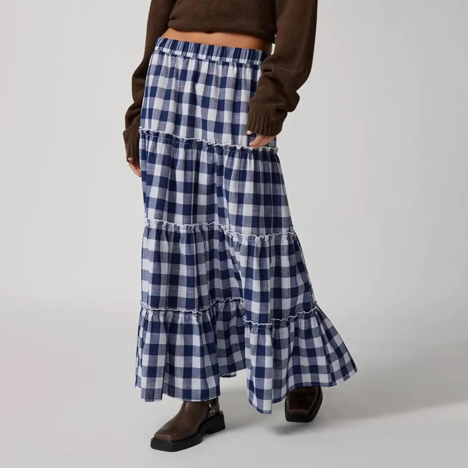 Y2k Plaid Tiered Maxi Skirt for Women Vintage Gingham A Line Long Skirt Summer Ruffle Flowy Swing Midi Skirt