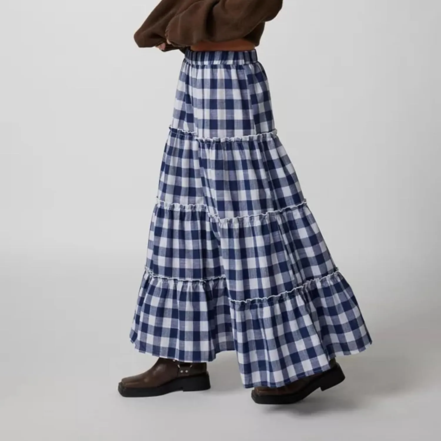 Y2k Plaid Tiered Maxi Skirt for Women Vintage Gingham A Line Long Skirt Summer Ruffle Flowy Swing Midi Skirt