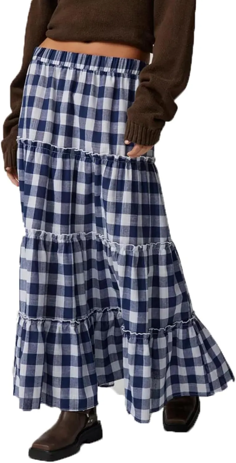 Y2k Plaid Tiered Maxi Skirt for Women Vintage Gingham A Line Long Skirt Summer Ruffle Flowy Swing Midi Skirt