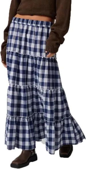 Y2k Plaid Tiered Maxi Skirt for Women Vintage Gingham A Line Long Skirt Summer Ruffle Flowy Swing Midi Skirt