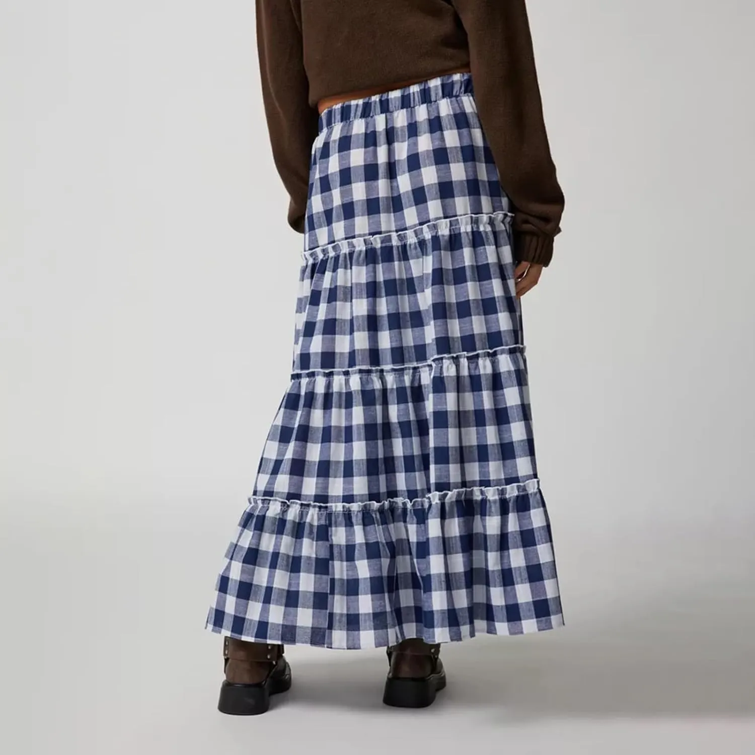 Y2k Plaid Tiered Maxi Skirt for Women Vintage Gingham A Line Long Skirt Summer Ruffle Flowy Swing Midi Skirt