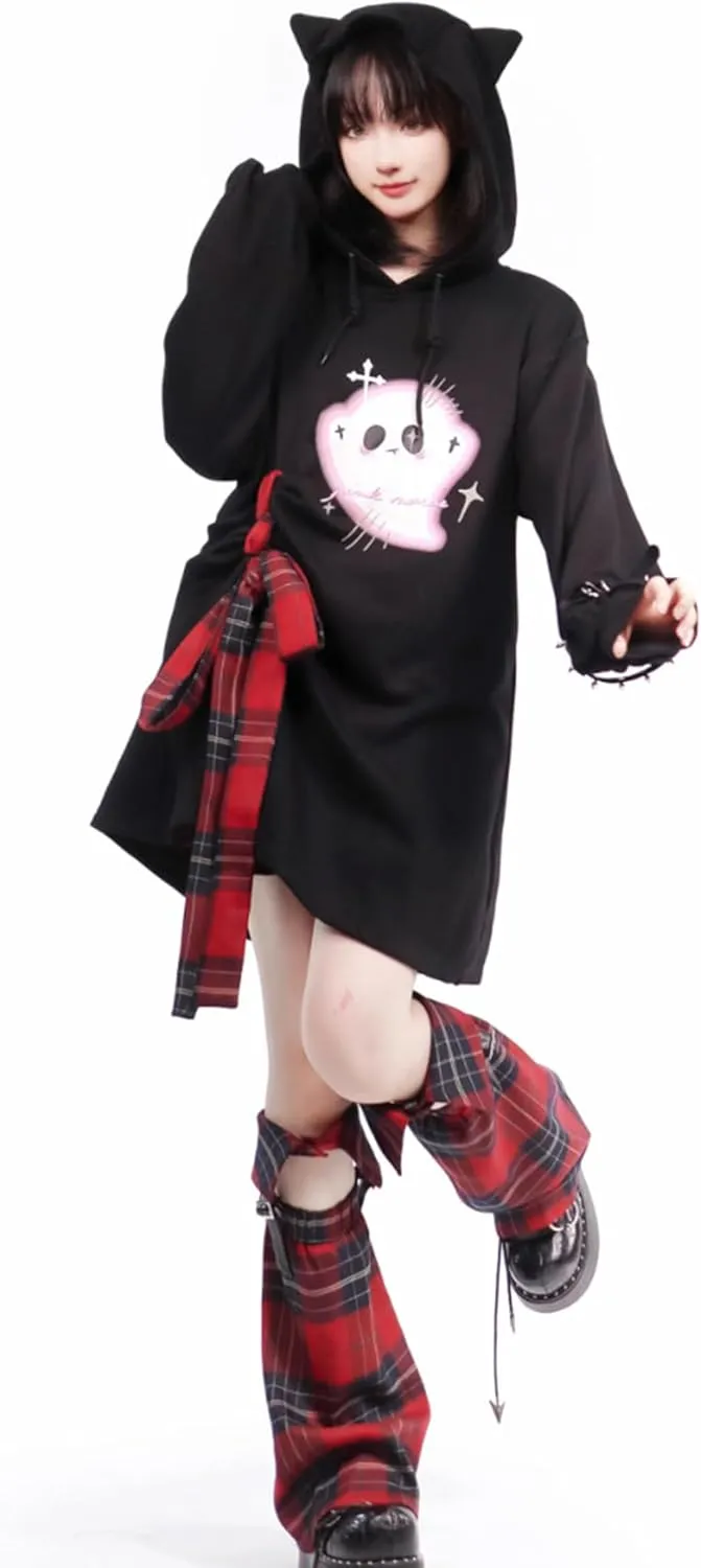 YEMOCILE Womens Cat Ear Hoodie Harajuku Ghost Print Oversized Pullover Sweatshirt Kawaii Grunge Aesthetic Y2K Top
