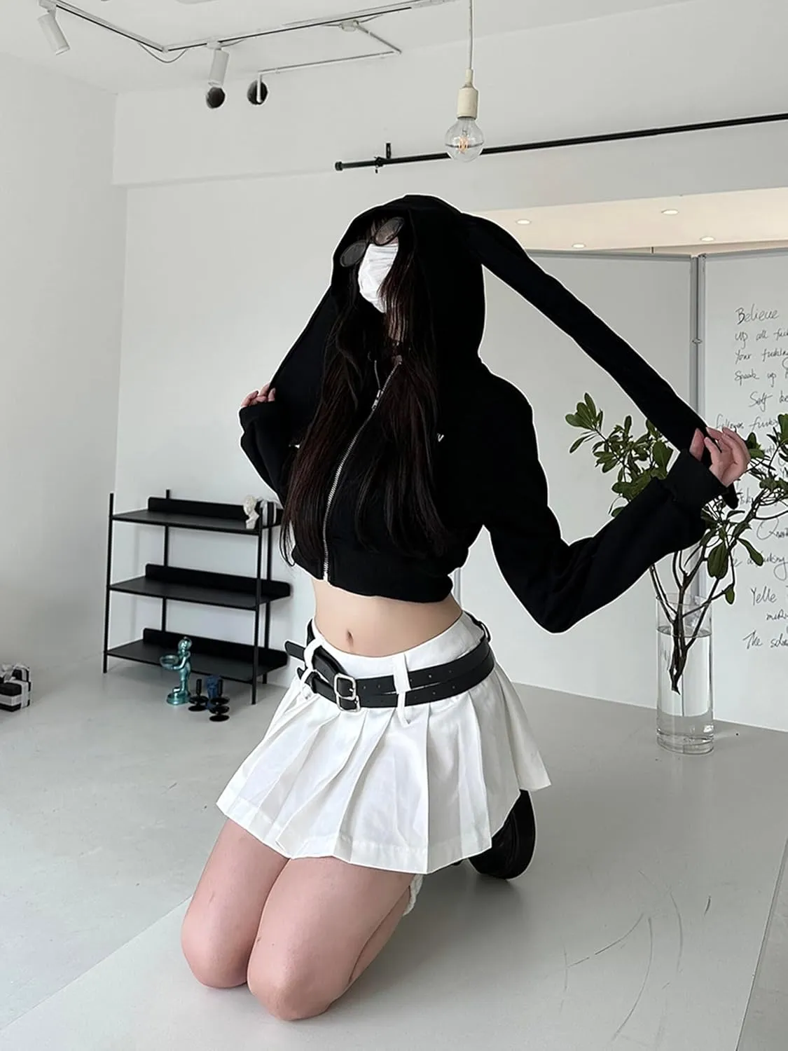 YEMOCILE Womens Kawaii Bunny Ear Oversized Hoodie Zip Up Long Sleeve Rabbit Hooded Sweatshirt