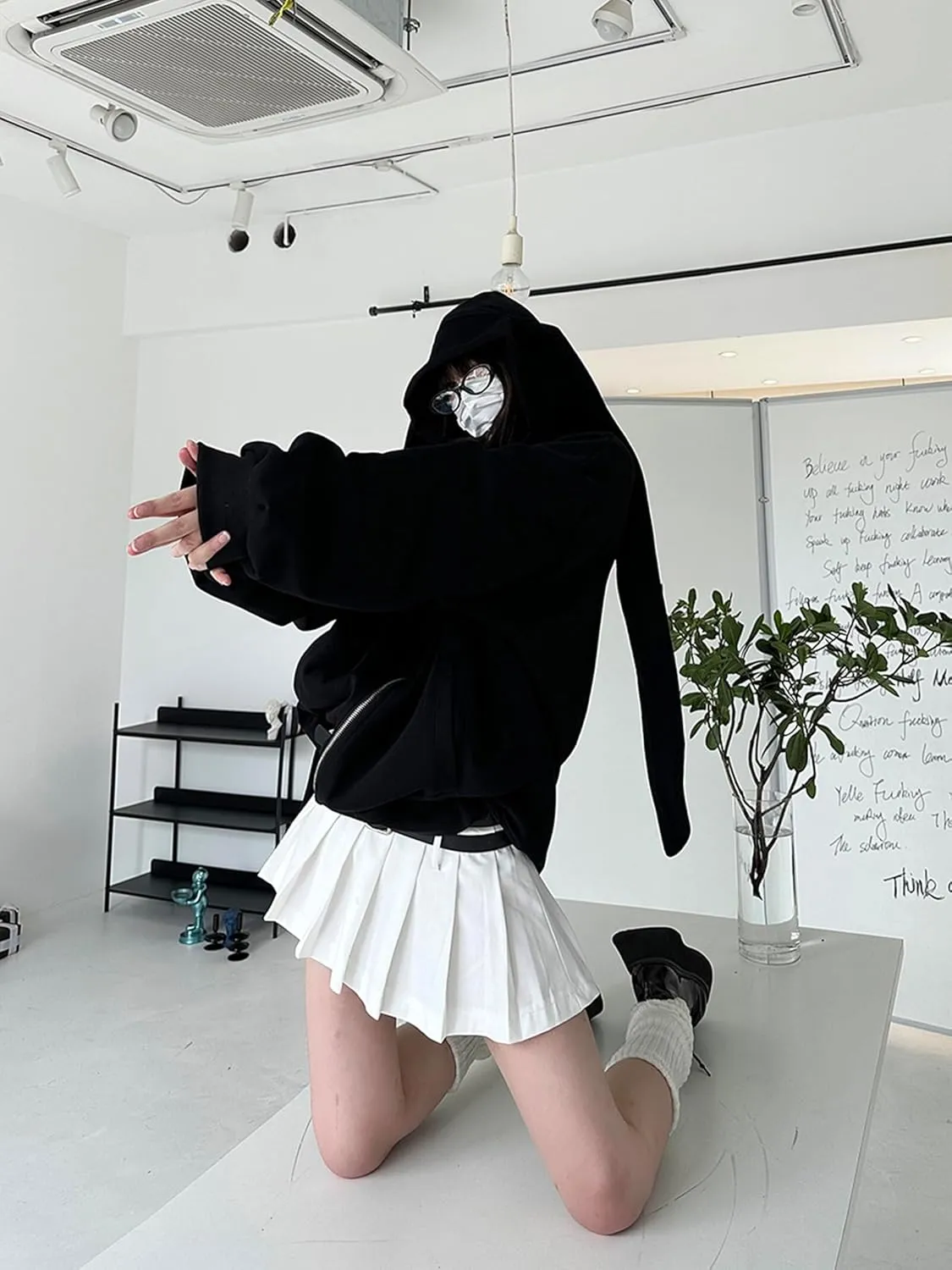YEMOCILE Womens Kawaii Bunny Ear Oversized Hoodie Zip Up Long Sleeve Rabbit Hooded Sweatshirt