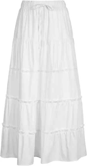 Yoawdats Women's Boho Tiered Long Skirts Casual Flowy Drawstring Elastic Waist Solid A-Line Maxi Skirts Pleated Swing Skirt