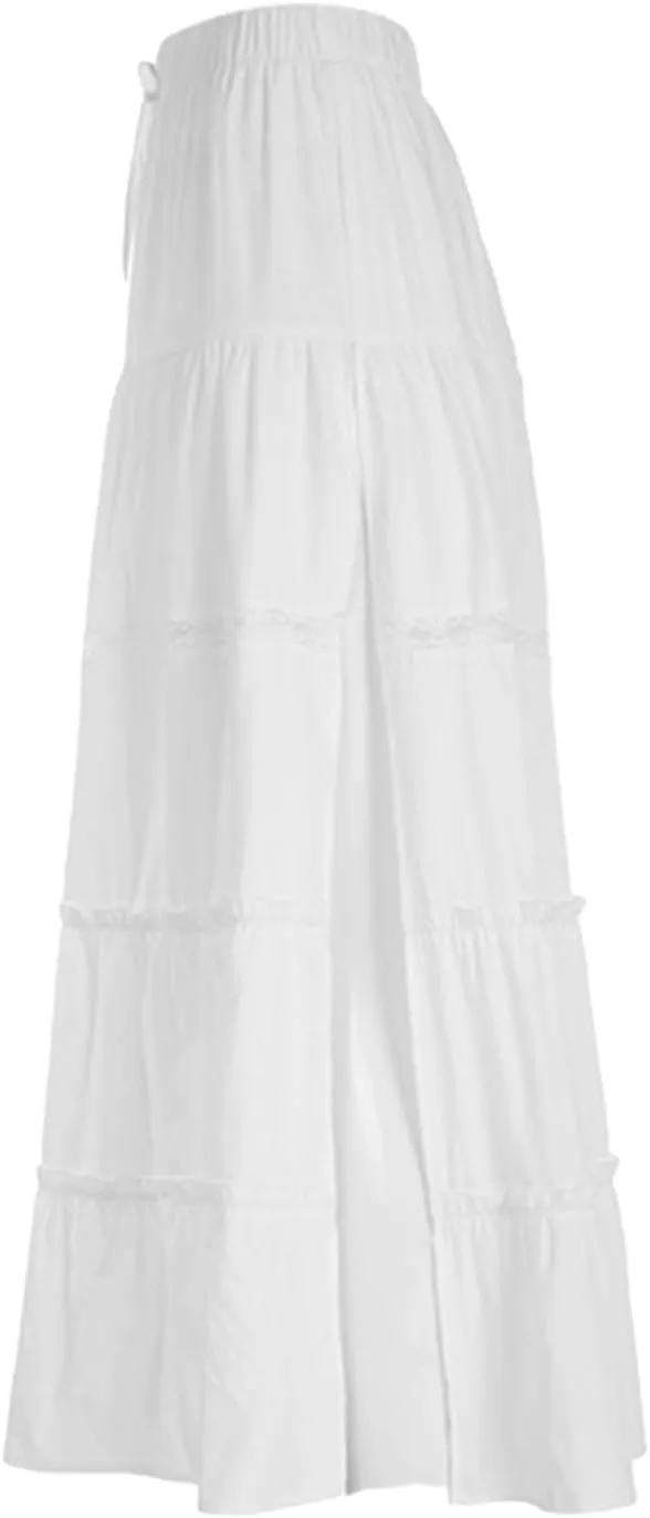 Yoawdats Women's Boho Tiered Long Skirts Casual Flowy Drawstring Elastic Waist Solid A-Line Maxi Skirts Pleated Swing Skirt