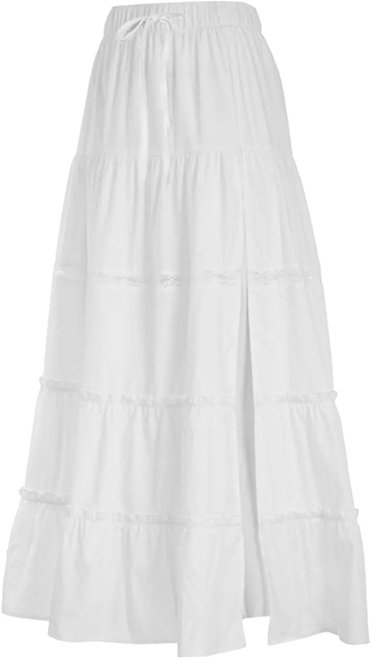 Yoawdats Women's Boho Tiered Long Skirts Casual Flowy Drawstring Elastic Waist Solid A-Line Maxi Skirts Pleated Swing Skirt