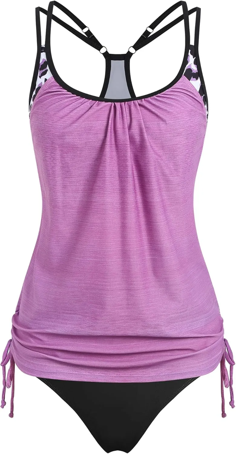 ZAFUL Two Piece Tankini Swimsuit for Women High Waisted Tummy Control Bathing Suit Double Up Tankini Set