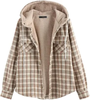 ZAFUL Women's Plaid Fleece Lined Hooded Jacket Button Up Oversized Fuzzy Coat Checkered Flannel Hoodie Jacket