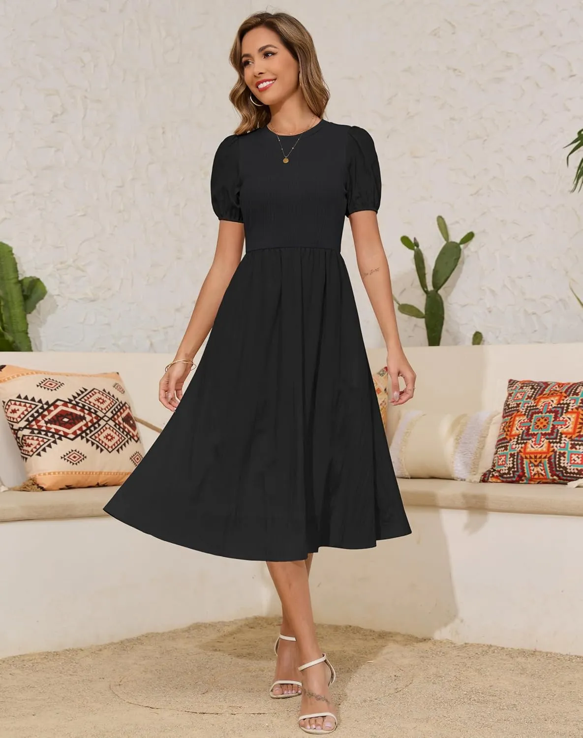 Zattcas Womens 2025 Summer Casual Ribbed Midi Dress Crewneck Short Puff Sleeve Striped Fit and Flare Flowy Dress with Pockets