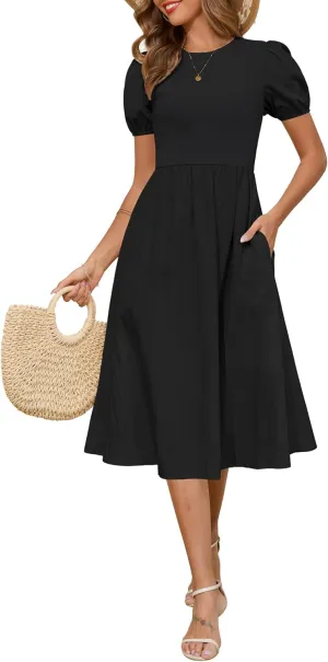 Zattcas Womens 2025 Summer Casual Ribbed Midi Dress Crewneck Short Puff Sleeve Striped Fit and Flare Flowy Dress with Pockets