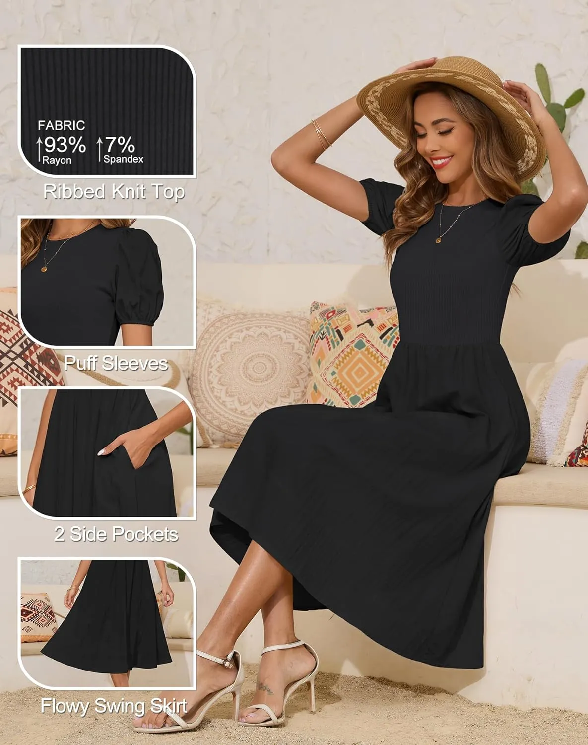 Zattcas Womens 2025 Summer Casual Ribbed Midi Dress Crewneck Short Puff Sleeve Striped Fit and Flare Flowy Dress with Pockets