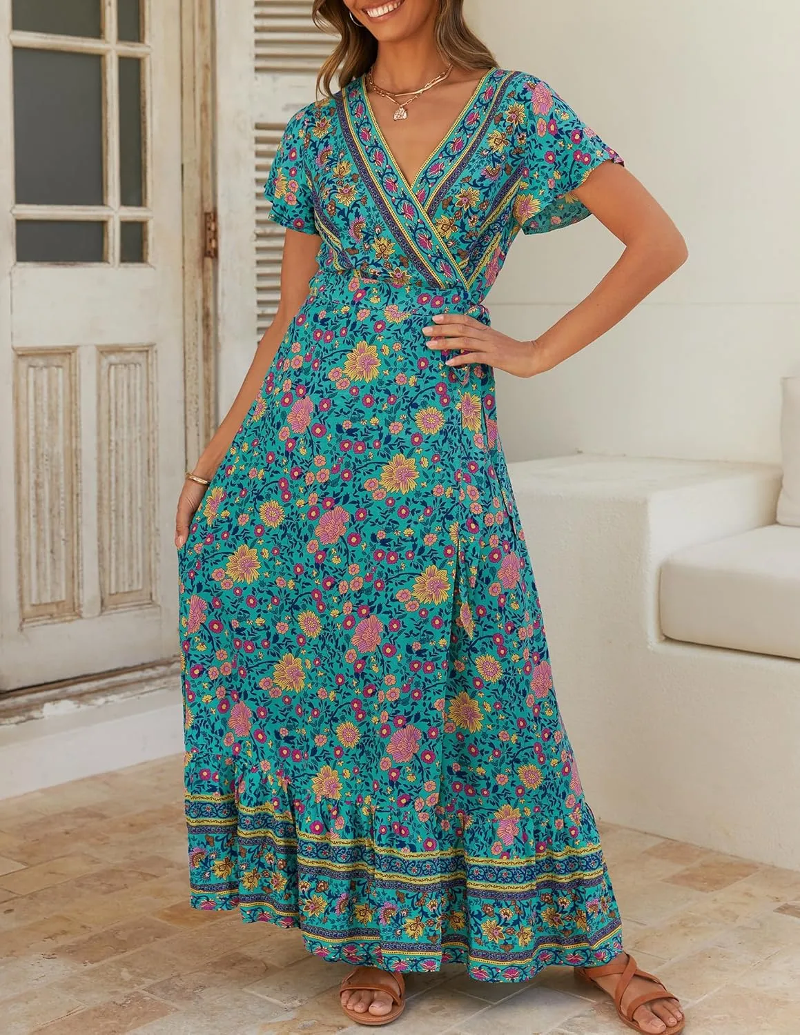 ZESICA Women's 2025 Bohemian Floral Printed Wrap V Neck Short Sleeve Split Beach Party Maxi Dress