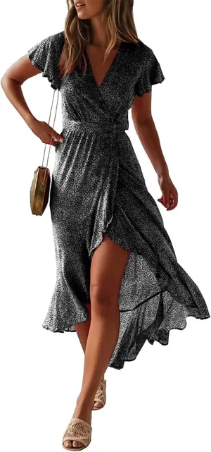 ZESICA Women's 2025 Bohemian Floral Printed Wrap V Neck Short Sleeve Split Beach Party Maxi Dress