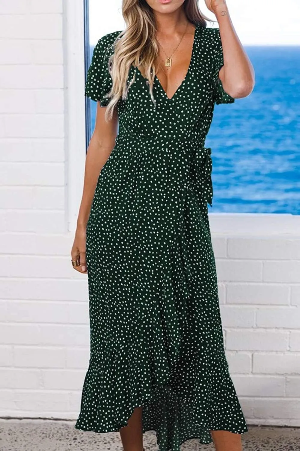 ZESICA Women's 2025 Bohemian Floral Printed Wrap V Neck Short Sleeve Split Beach Party Maxi Dress