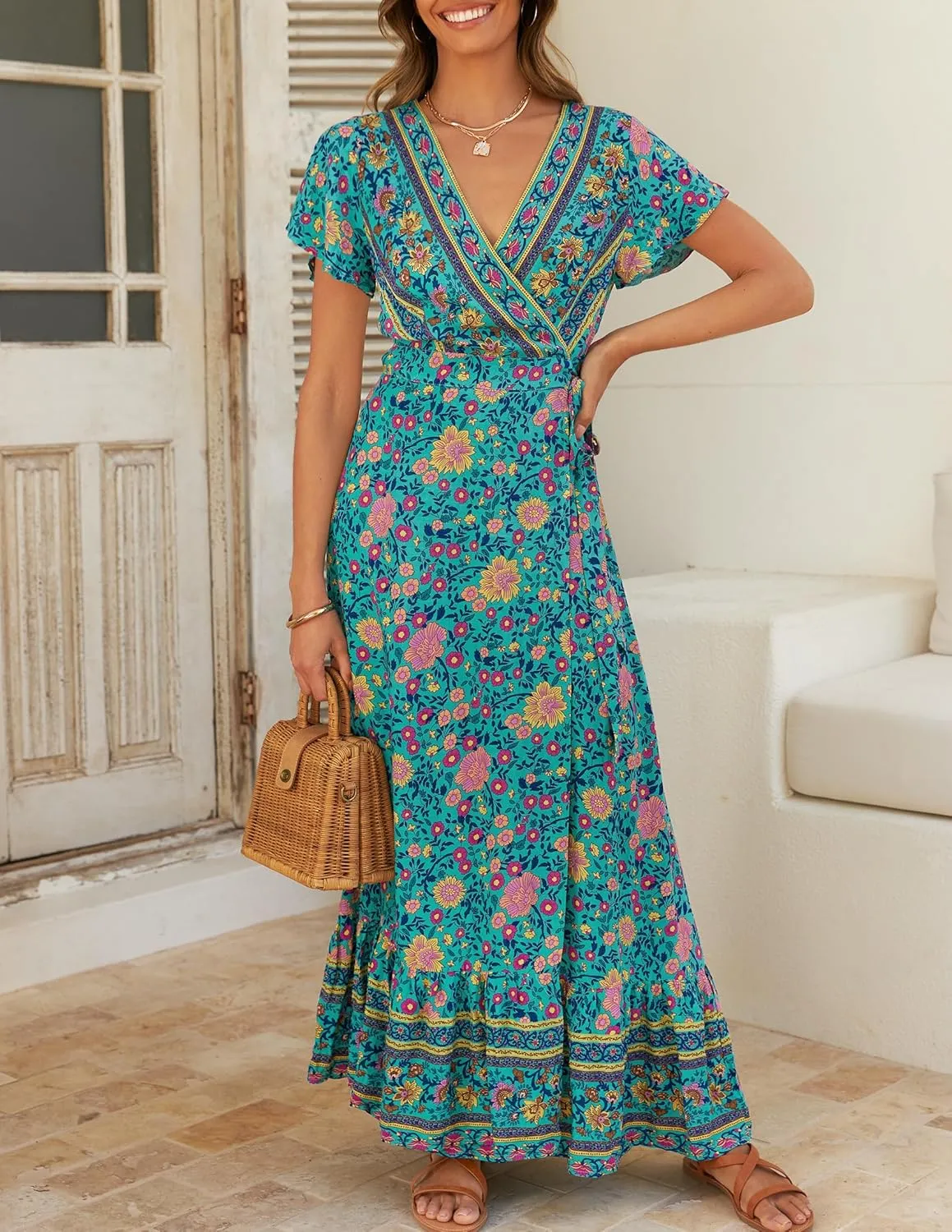 ZESICA Women's 2025 Bohemian Floral Printed Wrap V Neck Short Sleeve Split Beach Party Maxi Dress