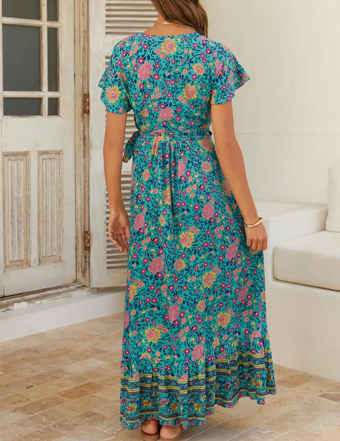 ZESICA Women's 2025 Bohemian Floral Printed Wrap V Neck Short Sleeve Split Beach Party Maxi Dress