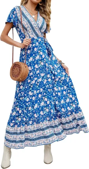 ZESICA Women's 2025 Bohemian Floral Printed Wrap V Neck Short Sleeve Split Beach Party Maxi Dress