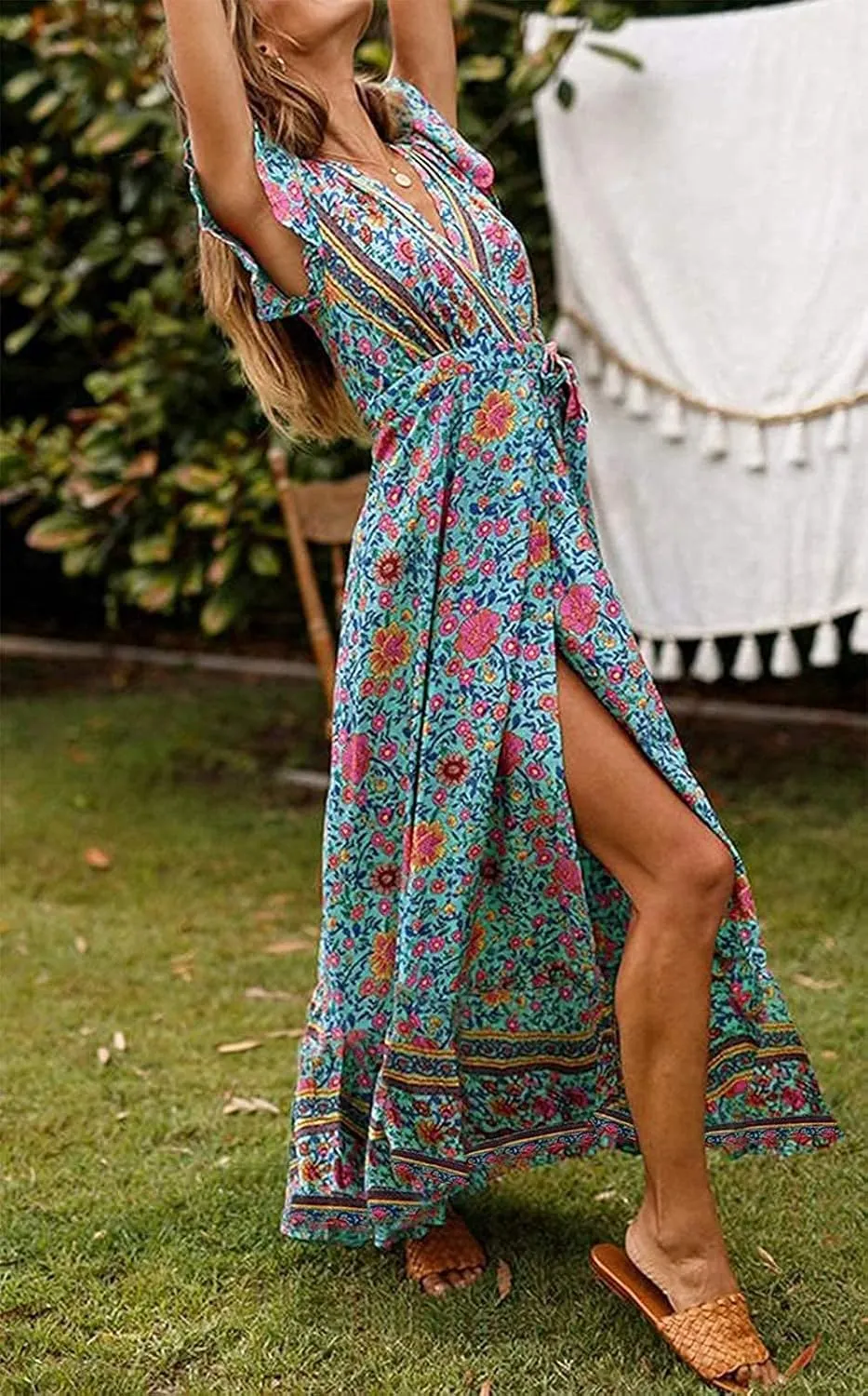 ZESICA Women's 2025 Bohemian Floral Printed Wrap V Neck Short Sleeve Split Beach Party Maxi Dress