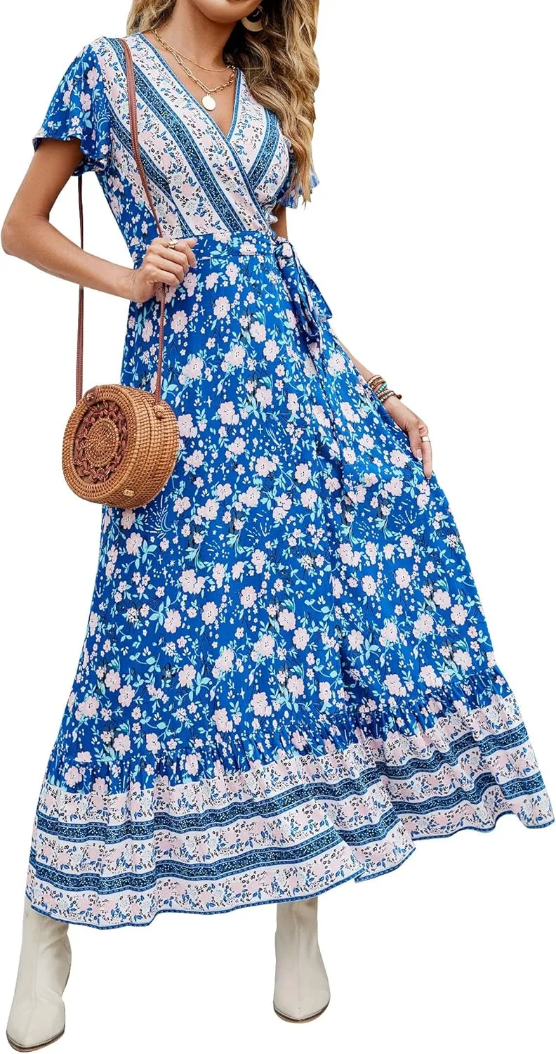 ZESICA Women's 2025 Bohemian Floral Printed Wrap V Neck Short Sleeve Split Beach Party Maxi Dress