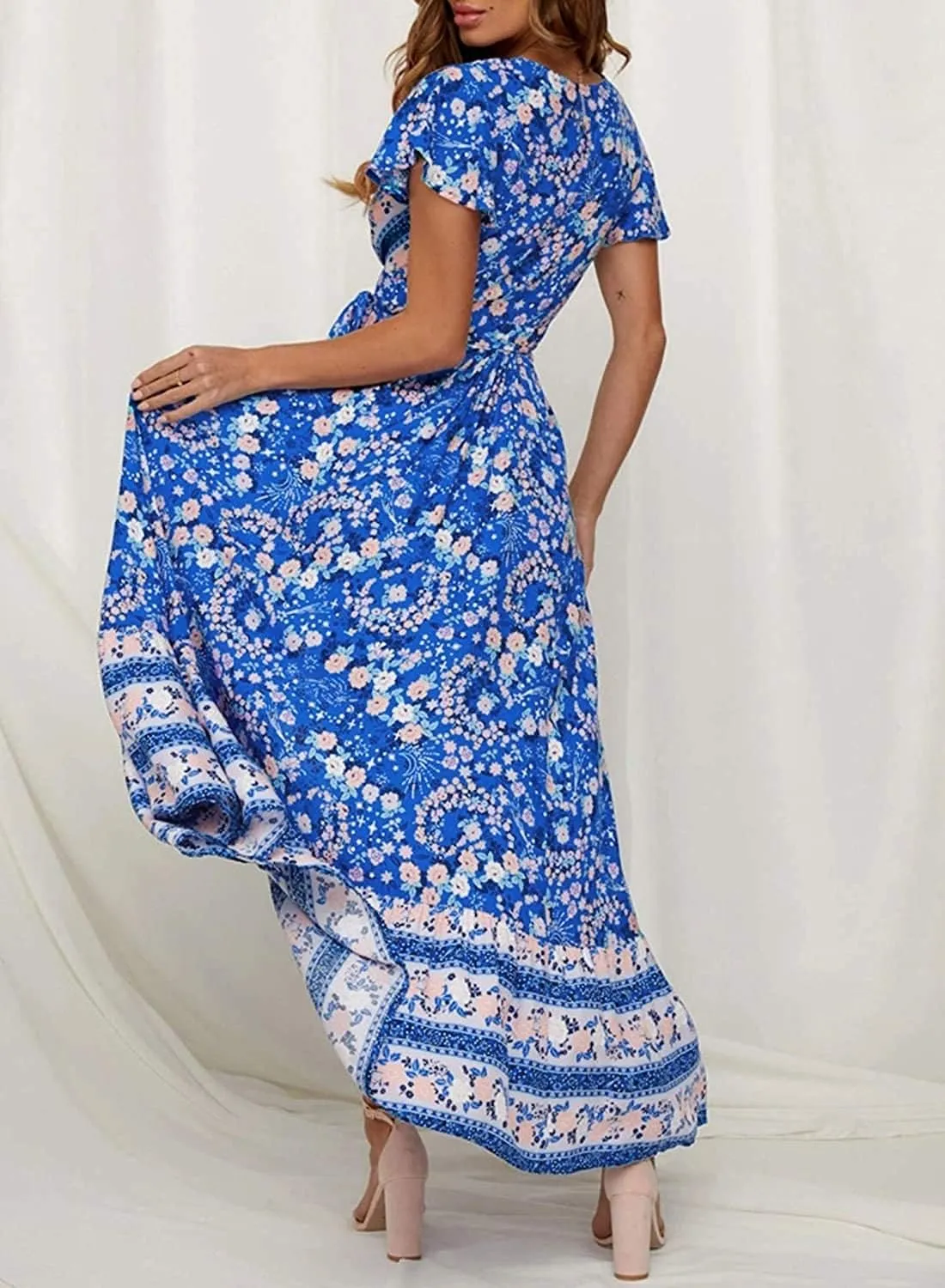 ZESICA Women's 2025 Bohemian Floral Printed Wrap V Neck Short Sleeve Split Beach Party Maxi Dress