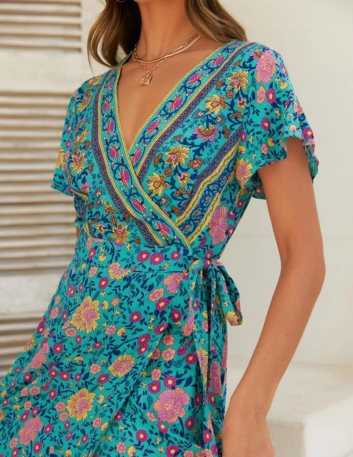 ZESICA Women's 2025 Bohemian Floral Printed Wrap V Neck Short Sleeve Split Beach Party Maxi Dress